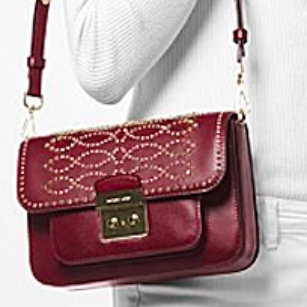 NWT Michael Kors Sloan Editor Studded Shoulder Bag Oxblood-Gold Orig Packaging